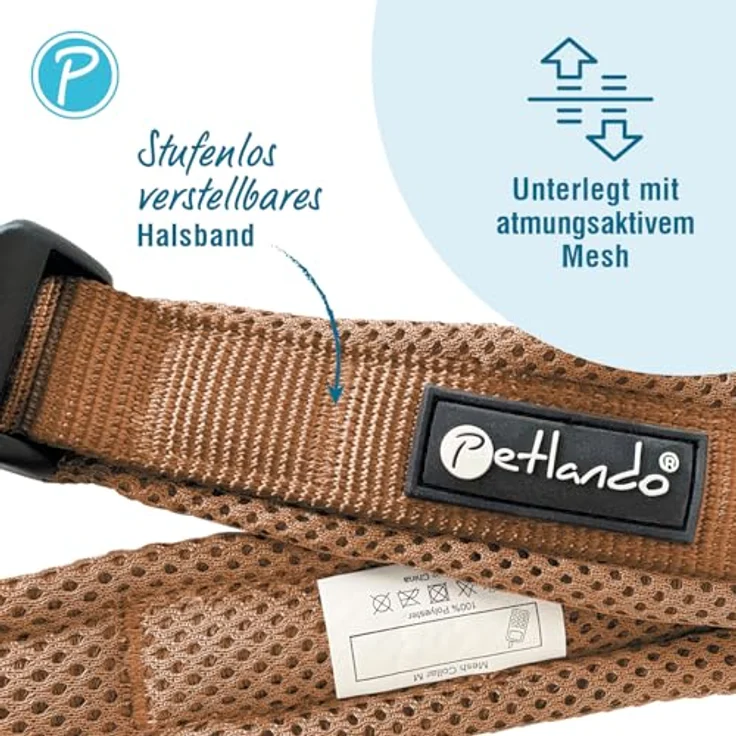 Petlando Mesh Hundehalsband XL 55-60cm, leicht, atmungsaktiv und weich gepolstert in Cognac, stufenlos verstellbar, robust mit O-Ring – Bild 2