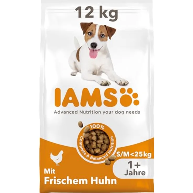 IAMS Hundefutter trocken mit Huhn, Trockenfutter für kleine & mittelgroße Hunde ab 1 Jahr, 82% tierisches Protein, 12 kg