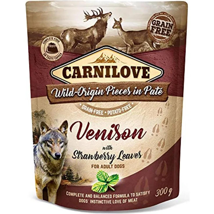 CARNILOVE Pouch Paté Venison & Strawberry Leaves, 300 g, Alleinfuttermittel für Hunde, kartoffel- und getreidefrei, proteinreiche Ernährung mit 85% Fleischanteil