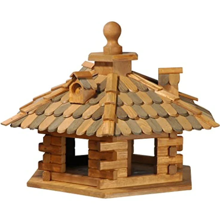 dobar 45310e Rustikales Vogelfutterhaus im Blockhaus-Stil mit dekorativem Holzschindeldach, Vogelhaus mit 6 Einfluglöchern, Kiefer, XXL, braun – Bild 3