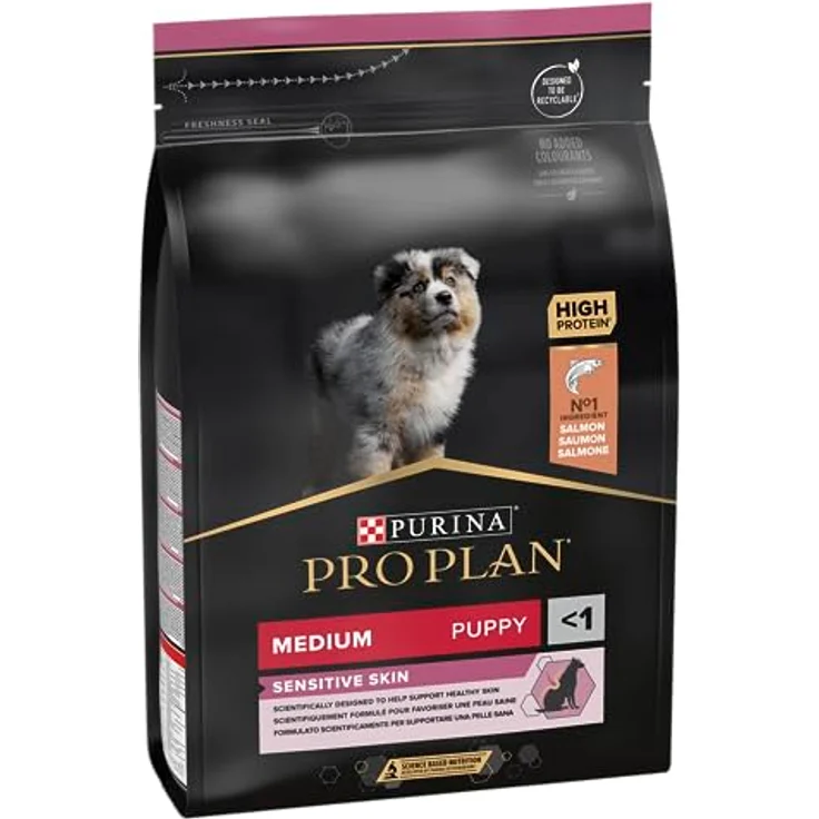 PURINA PRO PLAN Medium Puppy Sensitive Skin, Trockenfutter für Welpen mittelgroßer Rassen, 3 kg, weizenfrei, mit Lachs und Fischöl, unterstützt Haut und Fell – Bild 2