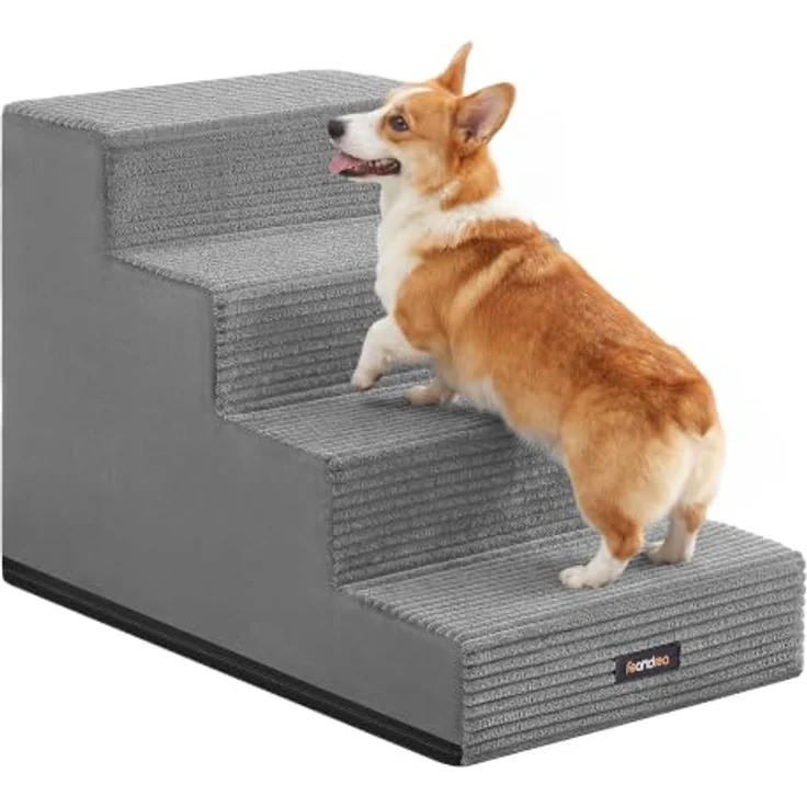 Feandrea Hundetreppe Baddi Kollektion PPS024GD01, 4-stufige Schaumstofftreppe für kleine Hunde, 62 x 40 x 44 cm, grau, waschbar und rutschfest für Sofa und Bett – Bild 1