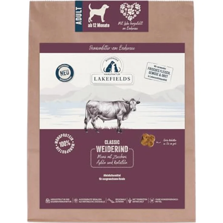 Lakefields Classic Hundefutter trocken, Rind 60%, 1kg, Getreidefreies Trockenfutter mit Kartoffeln, Äpfeln & Heidelbeeren, Zutaten in Lebensmittelqualität, schonend gebacken – Bild 1