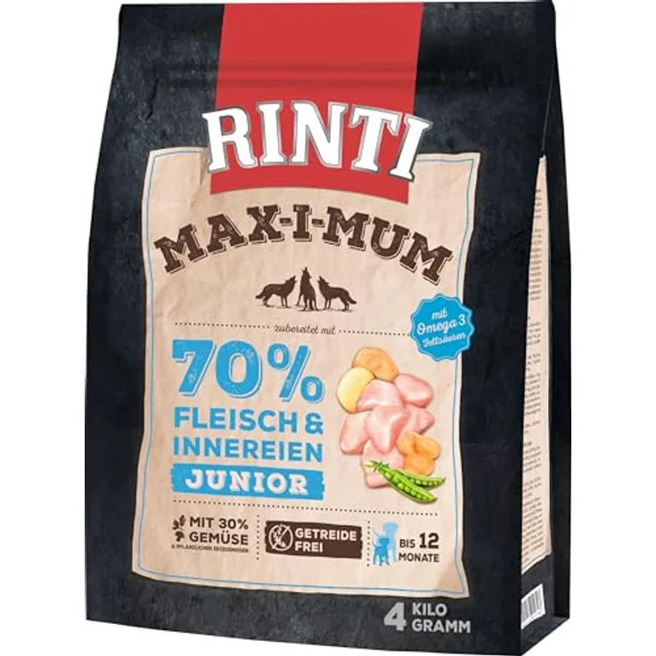 RINTI Max-i-Mum Junior, Trockenfutter für Welpen mit 70% Huhn, getreidefreies Alleinfutter, 2x4kg, erhöhter Protein- und Fettgehalt