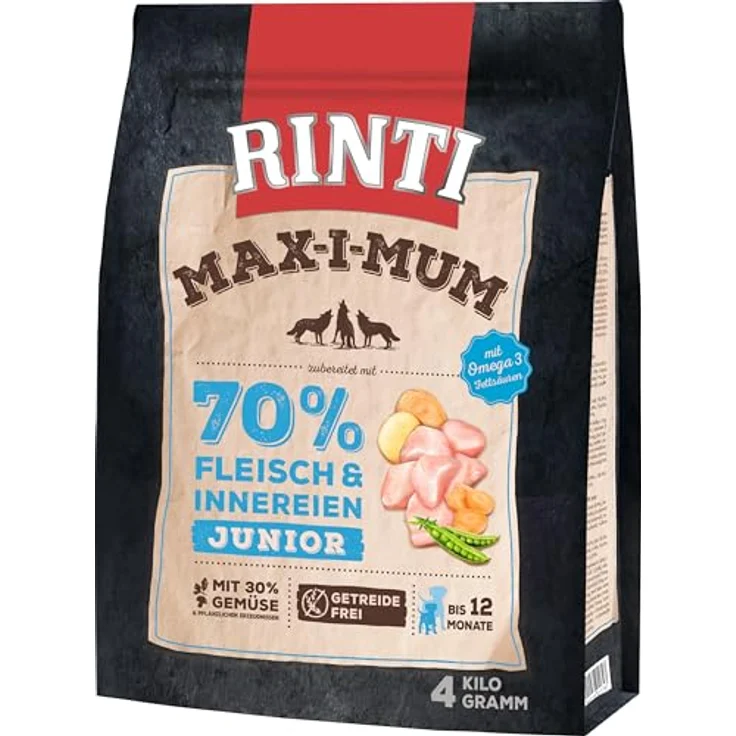 RINTI Max-i-Mum Junior, Trockenfutter für Welpen mit 70% Huhn, getreidefreies Alleinfutter, 2x4kg, erhöhter Protein- und Fettgehalt