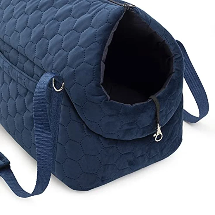 BOUTIQUE ZOO Transporttasche für Hunde und Katzen, Schultertasche bis 10 kg aus Wildlederimitat - Dunkelblau, Größe M mit Gummiband und Karabiner – Bild 4