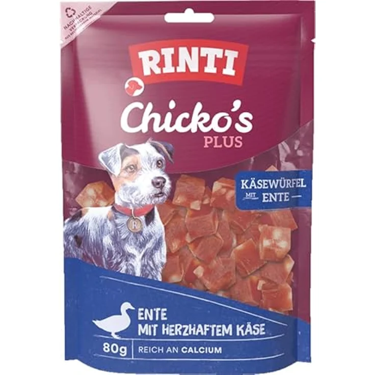 Rinti Chicko Käsewürfel mit Ente, 80g Packung, 82% Entenfleisch, 7,5% Käse, 12er Set – Bild 3