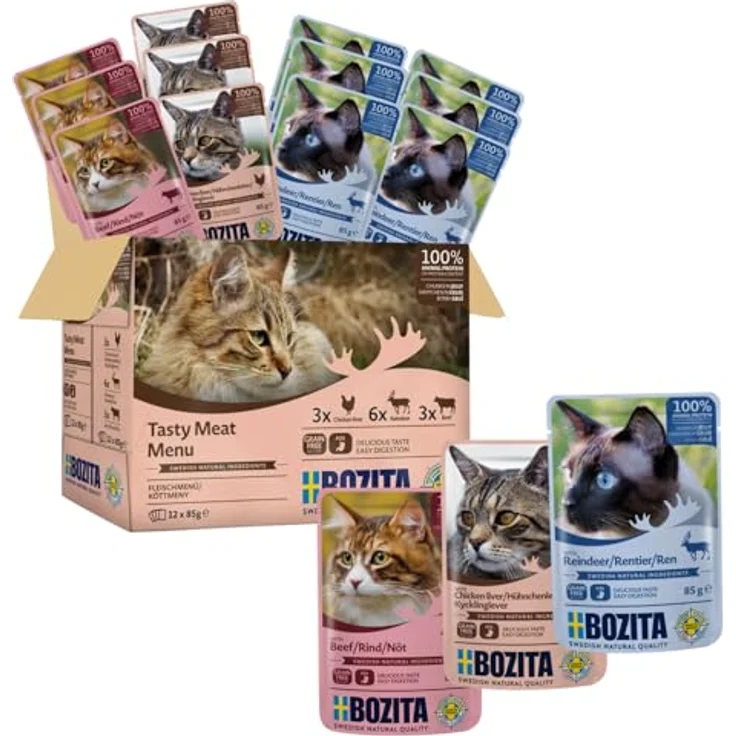 Bozita Nassfutter Häppchen in Gelee mit Fleisch, getreidefreies & weizenfreies Katzennassfutter für erwachsene Katzen, 12x85g, 8,5% Protein, 4,5% Fettgehalt – Bild 2