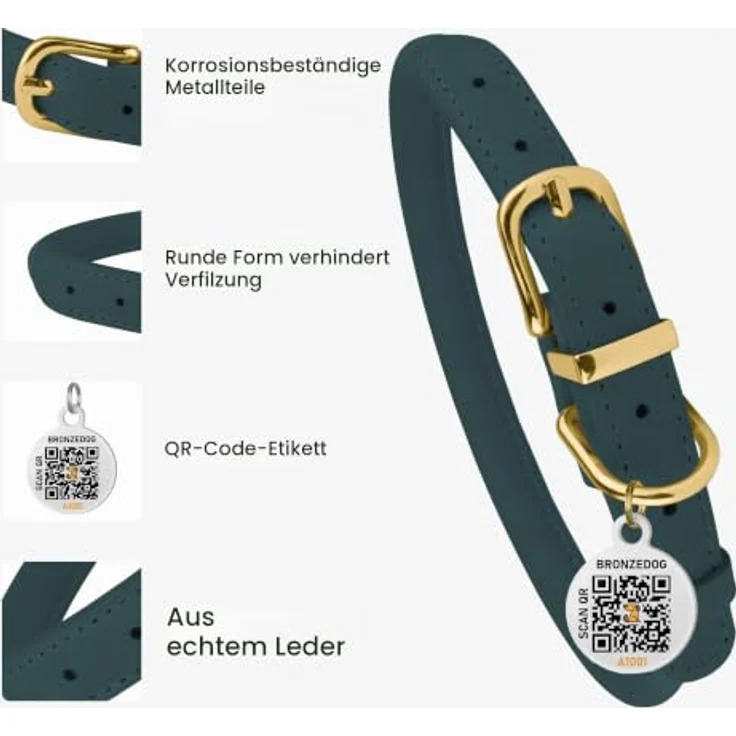 BRONZEDOG Hundehalsband gerolltes Leder mit QR-ID-Tag, verstellbar, rund, Denim, 40-48 cm – Bild 3