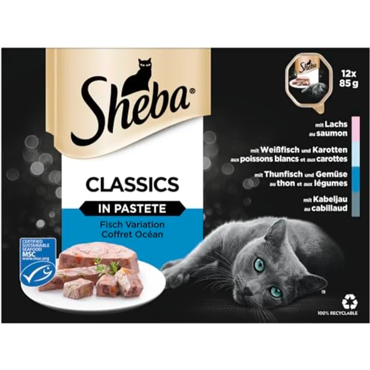 Sheba Classics in Pastete, Katzenfutter, 12x85g mit Lachs, Kabeljau, Thunfisch & Gemüse, Weißfisch & Karotten – Bild 4