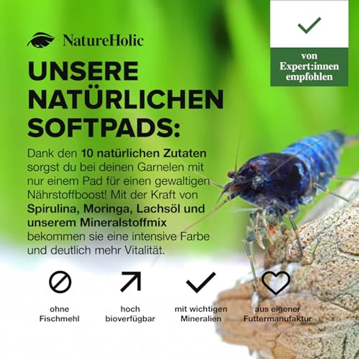 NatureHolic Garnelenfutter Mainfeed, 30 g Softpads für Aquarien, made in Germany, frei von Fischmehl, unterstützt Wachstum und Panzeraufbau – Bild 3