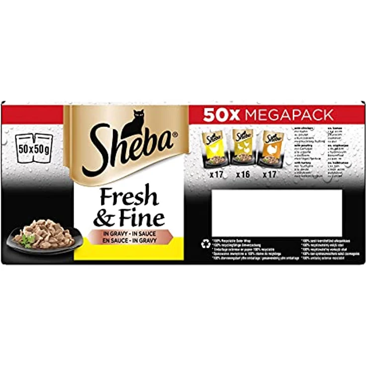 Sheba Fresh & Fine, Multipack Portionsbeutel mit drei Varietäten (Huhn, Geflügel, Truthahn) in Sauce, 50x50g, 100% natürgenuss – Bild 4