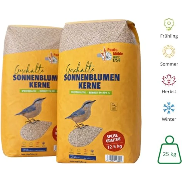 Paul´s Mühle Sonnenblumenkerne geschält, Vogelfutter 25 kg (2 x 12,5 kg) für ganzjährige Fütterung, Neue Ernte 2025 – Bild 2