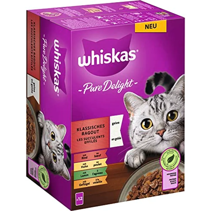 Whiskas 1+ Katzenfutter Pure Delight, klassische Auswahl in Gelee, 12x85g – hochwertiges Nassfutter ohne künstliche Zusatzstoffe für ausgewachsene Katzen – Bild 1