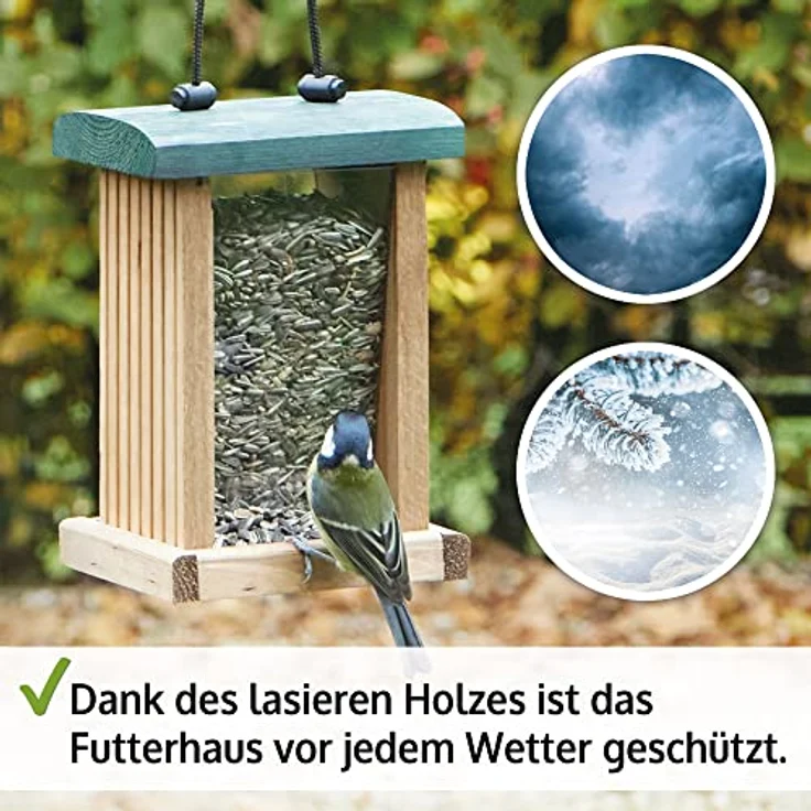 zooprinz Vogelhaus Futterspender, Design aus Vollholz, witterungsbeständig, mit stabilem Sitzrand, 21 cm hoch, inkl. Aufhängeseil – Bild 4
