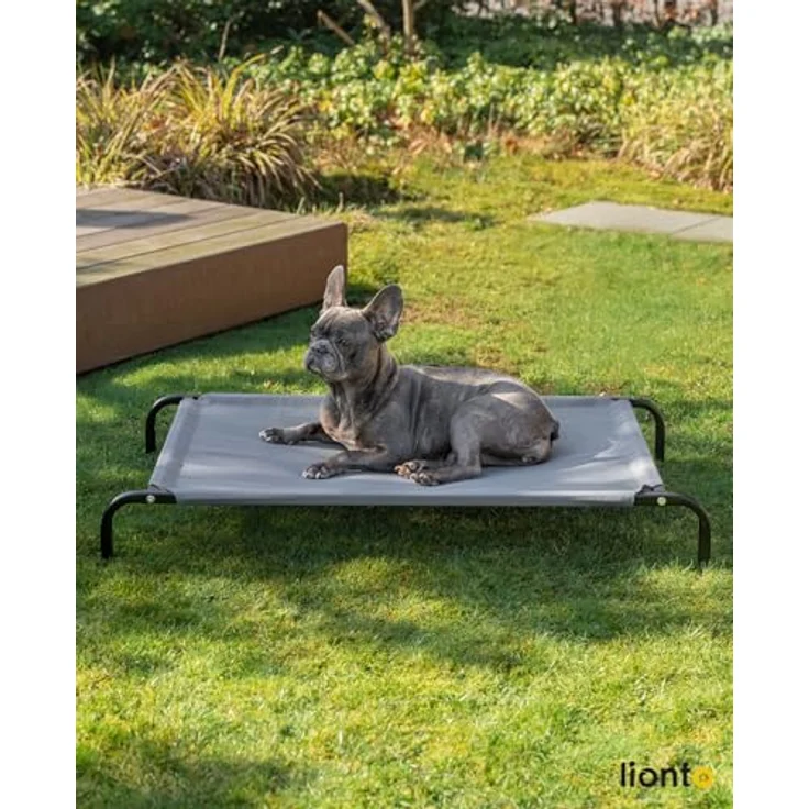 lionto Outdoor Hundeliege, stabile Haustierliege mit atmungsaktivem Netzbezug, 106x62 cm, grau, robuster Metallrahmen, abnehmbar, schützt vor Bodenkälte – Bild 2