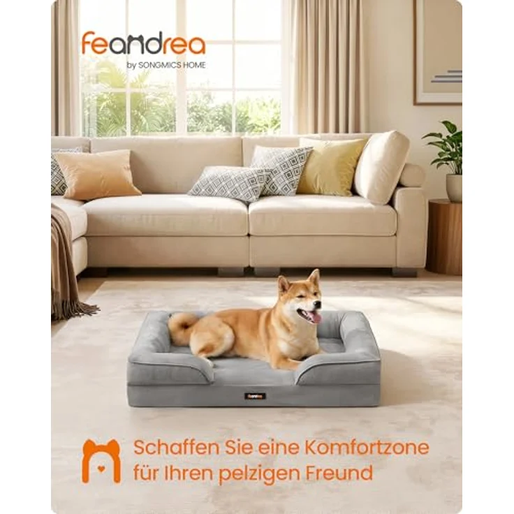 Feandrea Orthopädisches Hundebett PGW322GD01, Hundekissen L mit erhöhter Randpolsterung, Noppenschaumstoff, abnehmbarer Bezug, waschbar, rutschfest, wasserabweisend, Taubengrau, 89 x 63 x 16 cm – Bild 2