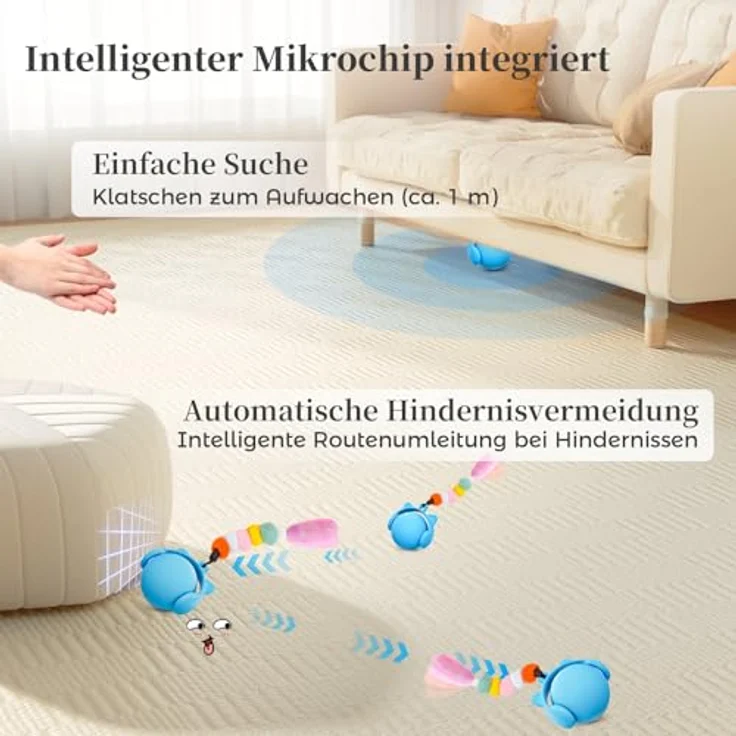 GoldenSun Elektrischer Rollball für Katzen, Bewegungsaktiviertes Spielzeug mit Federschwanz, Zwitschergeräuschen und USB-Wiederaufladung, Blau – Bild 3