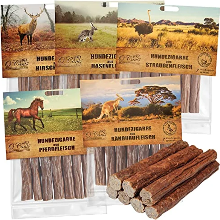Schecker Hundesnack Zigarren für den Hund, 5 x 170 g, getreidefrei, 5 Sorten: Hirsch, Hase, Pferd, Strauss, Känguru – Bild 1