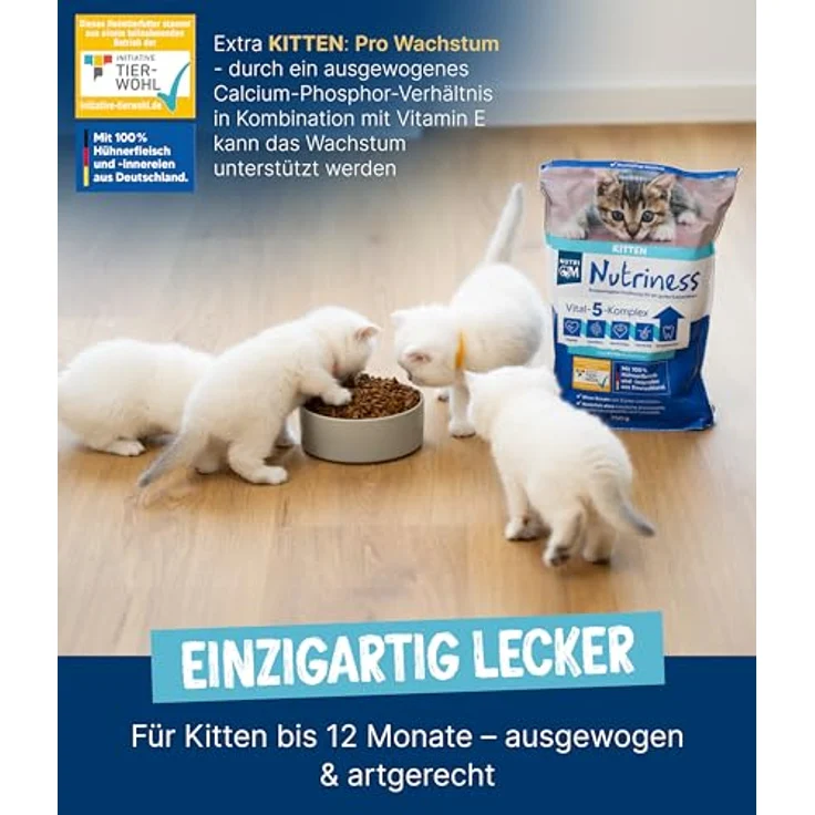NutriQM® Nutriness Kitten Trockenfutter Huhn [5×750 g], ohne Gluten & Zucker, hoher Fleischanteil, für junge Katzen, Initiative Tierwohl Zertifiziert, Made in Germany – Bild 2