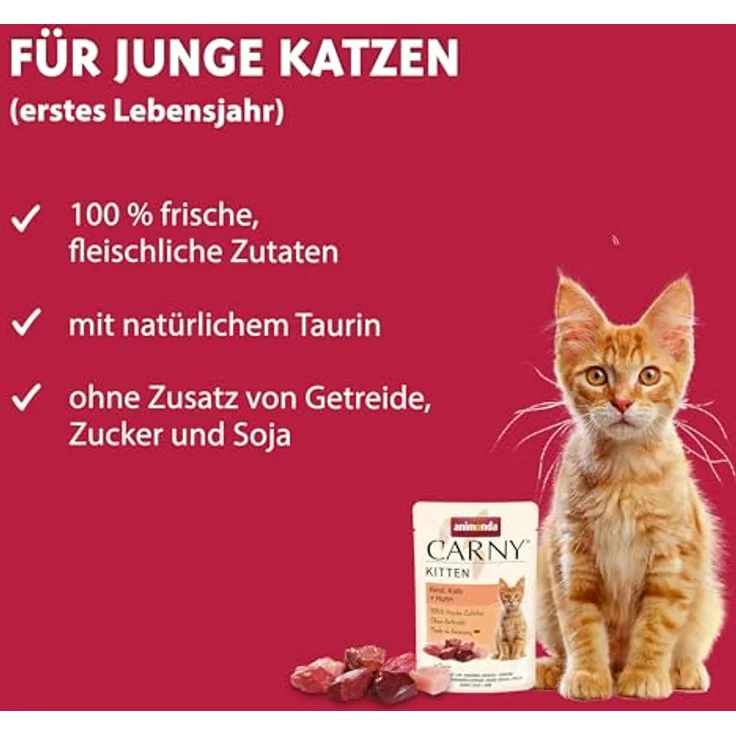 animonda Carny Kitten Rind, Kalb + Huhn, Katzen-Nassfutter ohne Getreide für wachsende Kätzchen, 12 Portionsbeutel (12 x 85 g) mit 100 % frischen Zutaten – Bild 2