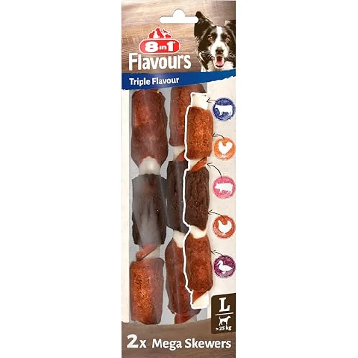 8in1 Triple Flavour Mega Skewers, große Kaustangen für Hunde über 25kg, Kausnacks mit extra viel Fleisch, 160g Beutel (2 Stück)