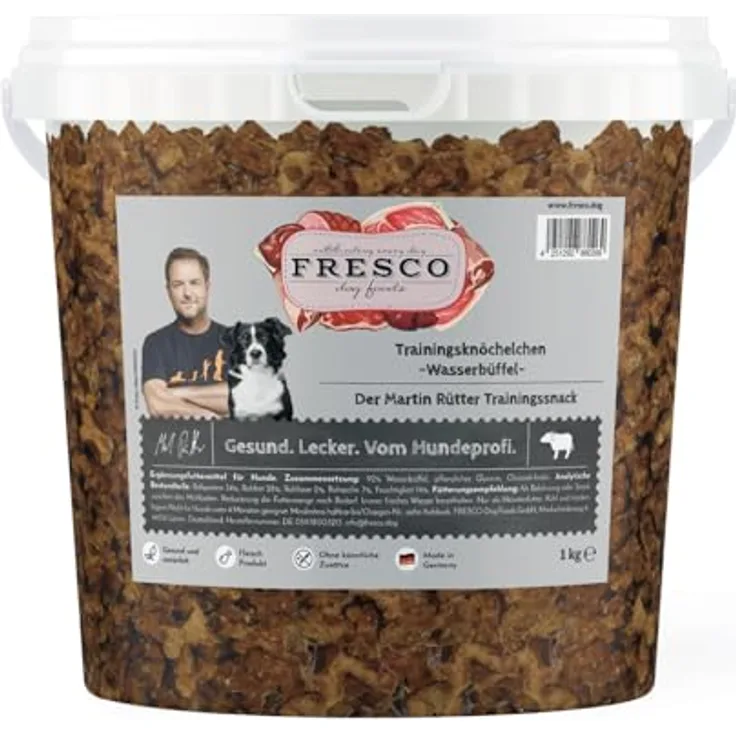 Fresco Dog Trainingsknöchelchen Wasserbüffel, 1 kg, getreidefrei & zuckerfrei, 92% Frischfleisch, geruchsarm, fettarm, ideal fürs Hundetraining