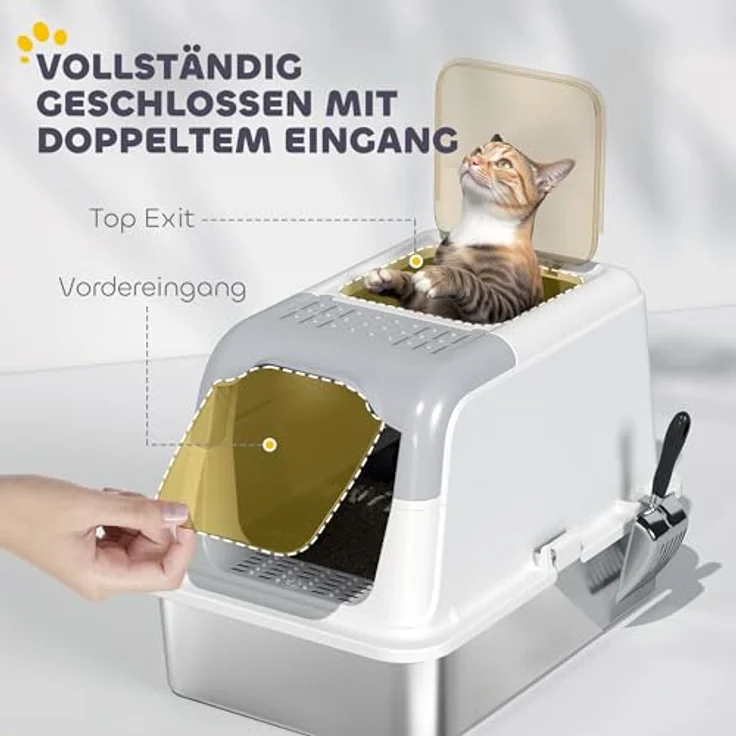 PawHut Edelstahl Katzentoilette mit Deckel, Doppelgänge-System, Deodorierungsbeutel, für Katzen bis 7 kg, 60,4 x 40,4 x 41,8 cm, Weiß – Bild 4