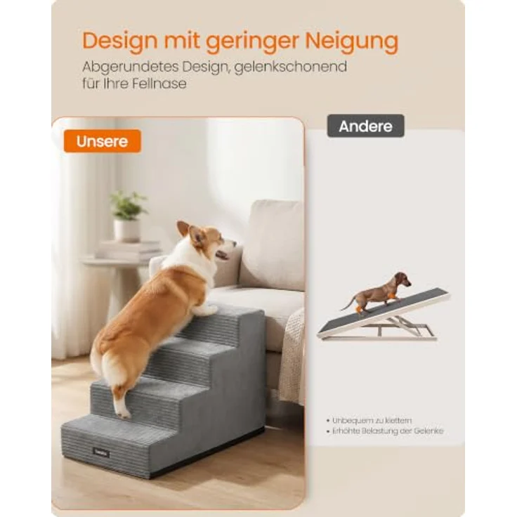 Feandrea Hundetreppe Baddi Kollektion PPS024GD01, 4-stufige Schaumstofftreppe für kleine Hunde, 62 x 40 x 44 cm, grau, waschbar und rutschfest für Sofa und Bett – Bild 3