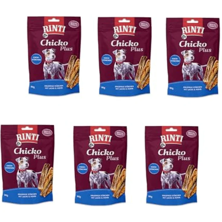Rinti Chicko Plus Fischstäbchen mit Lachs und Huhn, 6er Pack, Ergänzungsfuttermittel für Hunde, 6 x 80 g, ohne Fleischmehle und Soja, schonend luftgetrocknet – Bild 1