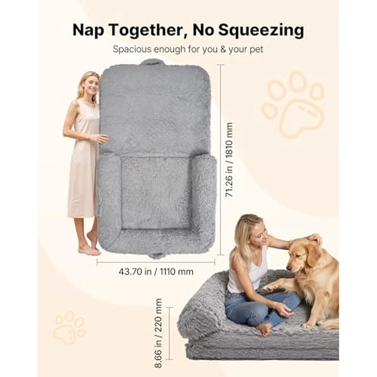 VEVOR Hundebett in Menschengröße, 181x111x24cm, Memory-Schaum mit abnehmbarem, waschbarem Bezug, Hochflor, Dunkelgrau, Seitentasche und Griff – Bild 2