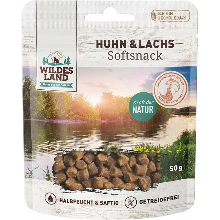 WILDES LAND Softsnack Huhn und Lachs, getreidefrei, hoher Fleischanteil, 50 g