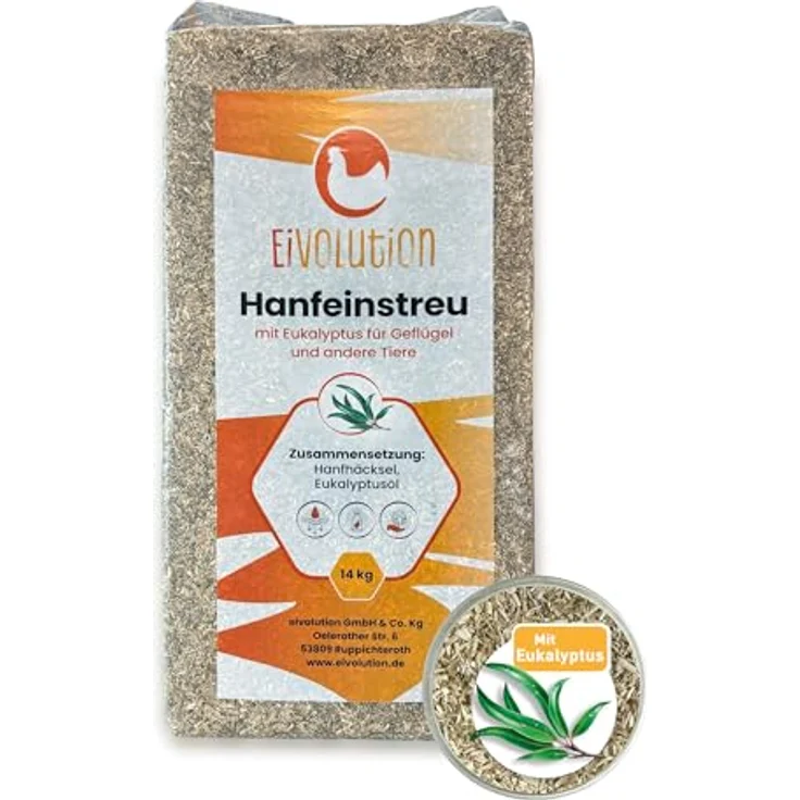 eivolution Hanfeinstreu mit Eukalyptus 14 kg - Staubfrei, hochsaugfähig und natürlich kompostierbar für Hühner & Pferde – Bild 2