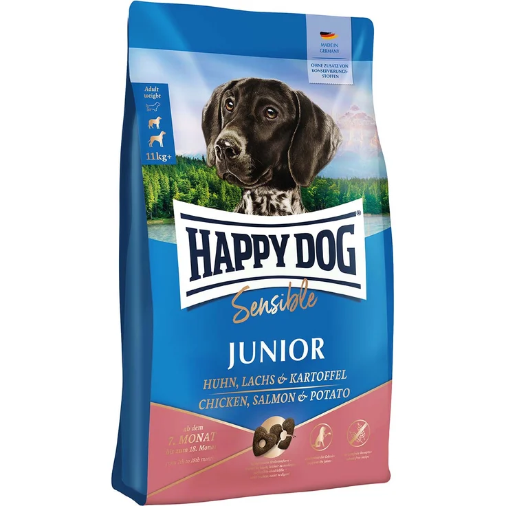 Happy Dog Supreme Sensible Junior, Trockenfutter für sensible Junghunde mit Huhn, Lachs und Kartoffel, 4kg, glutenfreie Rezeptur – Bild 1