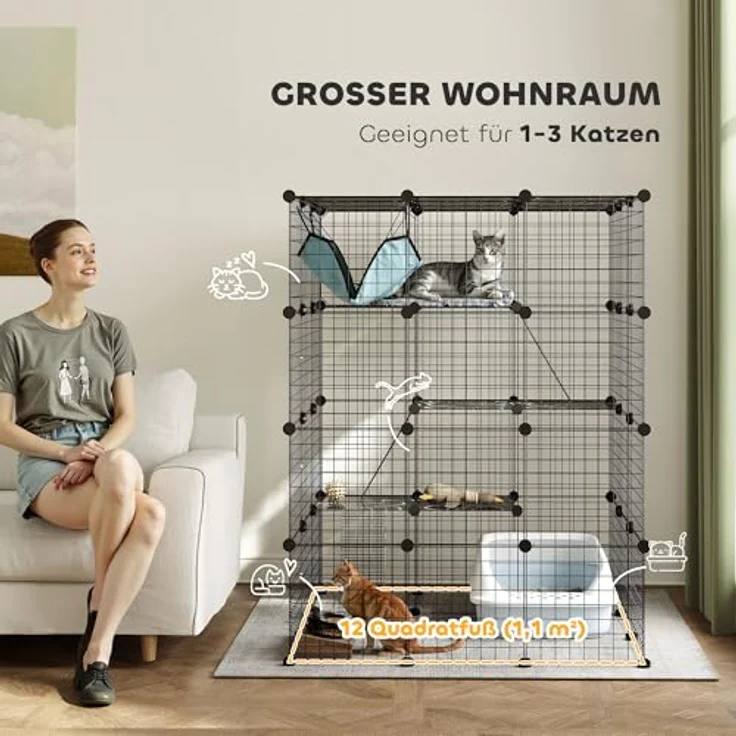 PawHut 4-stöckiger Katzenkäfig für 1-3 Katzen, 105 x 105 x 140 cm, schwarz, anpassbares Layout mit 5 Türen, Kletter- und Sprungplattformen – Bild 3
