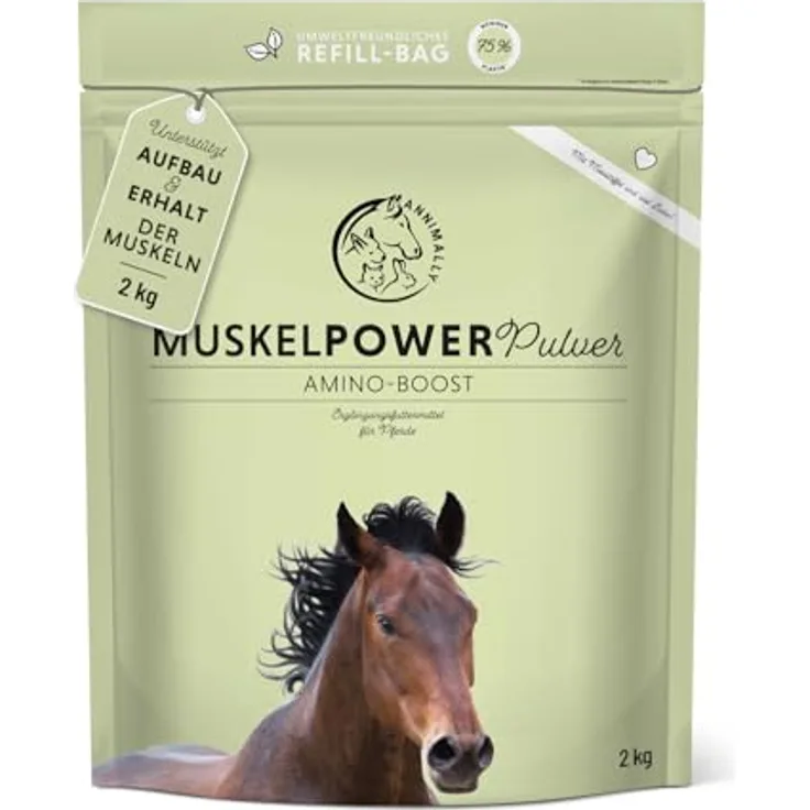 Annimally Muskelaufbau Pulver für Pferde 2kg, Amino Zusatzfutter mit Sojaprotein, Lysin, Carnitin, Threonin, Methionin - zur Stärkung der Muskulatur, hergestellt in Deutschland