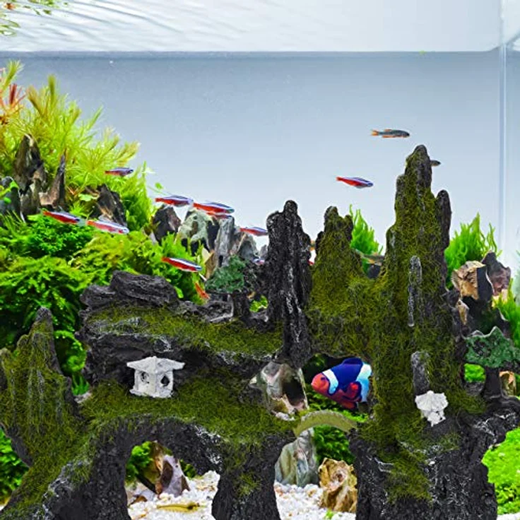 relaxdays Aquariendeko Felsen mit Kunstmoos und Tempel, grau-grün, 17 x 23,5 x 8,5 cm, für Süß- und Salzwasseraquarien – Bild 5