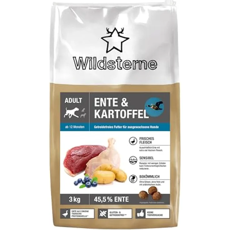 Wildsterne Ente & Kartoffel Adult 3 kg, Getreidefreies Trockenfutter mit 45,5 % Ente, Monoprotein, von Tierärzten entwickelt, hypoallergen, für empfindliche Hunde