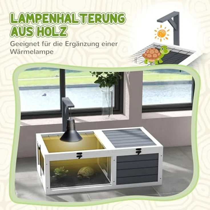 PawHut Schildkrötenhaus aus Holz, Schildkrötengehege mit Sichtfenster, aufklappbarem Deckel, inkl. Lampenfassung, grau, für Reptilien und Eidechsen – Bild 4