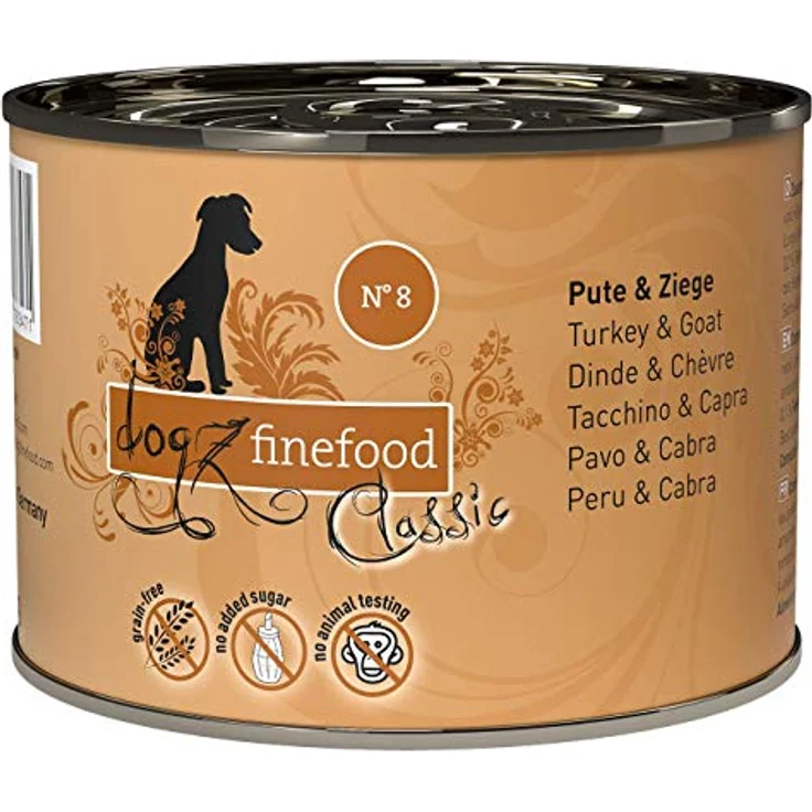 Dogz finefood Hundefutter nass N° 8 Pute & Ziege, getreidefrei & zuckerfrei, hoher Fleischanteil 65%, 6 x 200 g Dose – Bild 1