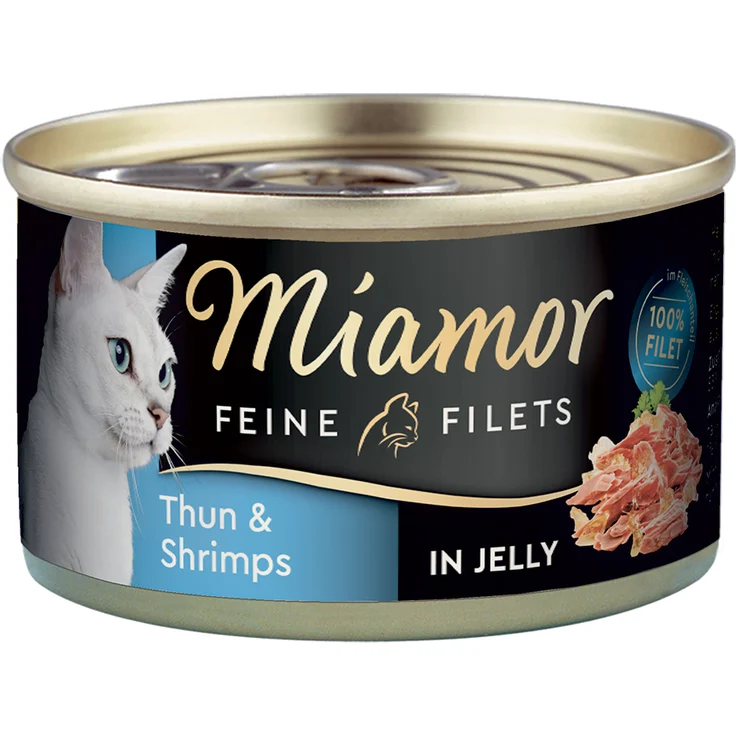 Miamor Feine Filets Dose 6 x 100 g, Thunfisch & Shrimps in Jelly, Ergänzungsfutter für Katzen, fettarm und leicht bekömmlich – Bild 1