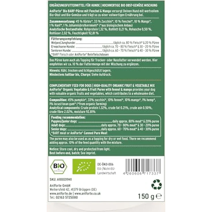 AniForte BIO BARF Püree Fenchel & Mango, 14x150 g, hochwertige Obst-Gemüse-Mischung für Hunde, BIO-Qualität – Bild 7
