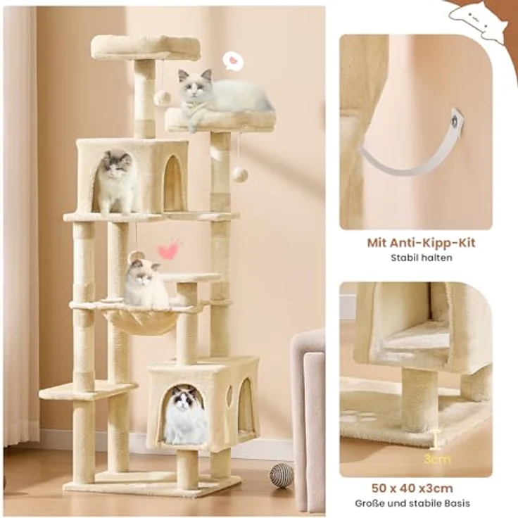 MSmask Kratzbaum groß, L Katzenbaum Stabil, Katzenkratzbaum mit 2 Plattformen, 2 Katzenhöhlen, Hängematte, Sisalsäulen, mehrstöckiger Kletterbaum für Katzen (Beige, 160 cm) – Bild 6