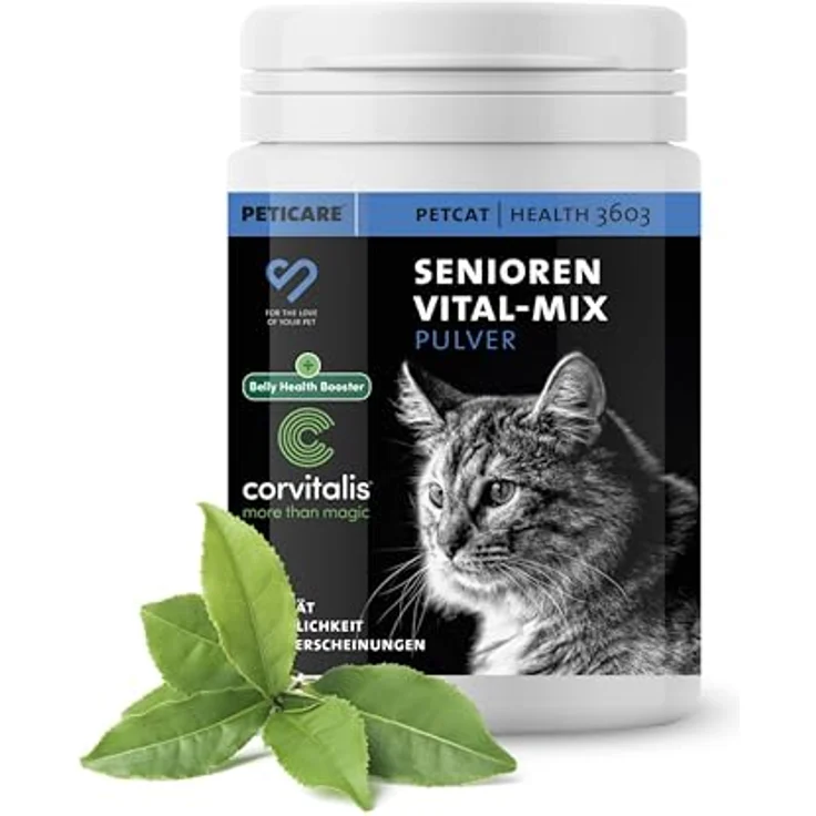 Peticare Senior Aktiv Vital Mix Pulver für alte Katzen, natürliches Ergänzungsfutter mit Grünlippmuschel, MSM und Curcuma, fördert Immunsystem & bei Mangelerscheinungen, 360g – Bild 1