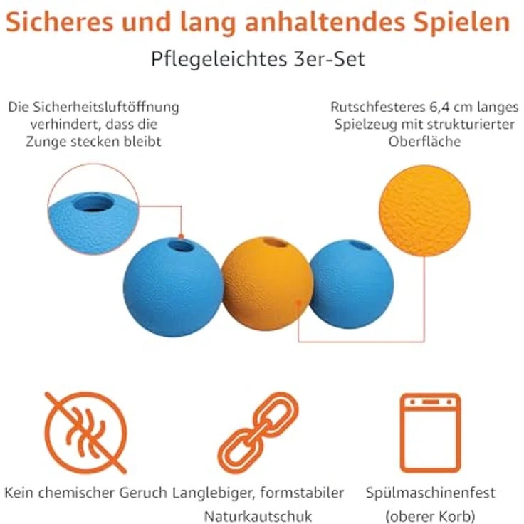 Amazon Basics Apportierbälle, Gummibälle für Hunde, 6.35 cm, 3er Set in Blau und Orange, strapazierfähig und haustiersicher – Bild 2