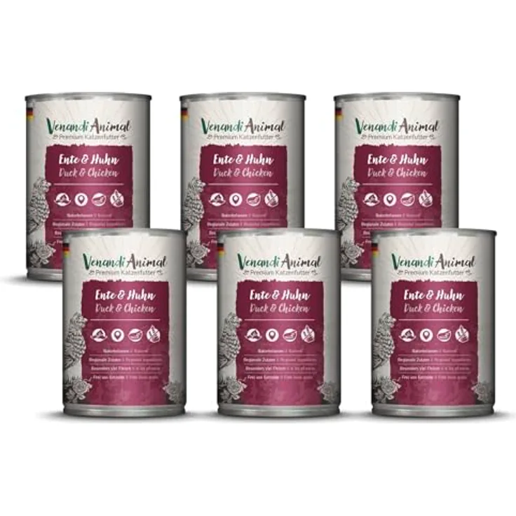 Venandi Premium Nassfutter für Katzen - Ente & Huhn, 6 x 400g (getreidefrei, extra viel Fleisch)