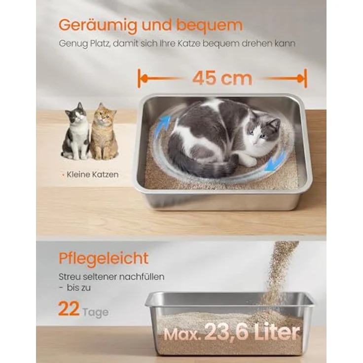 Feandrea Katzenklo Edelstahl, offene Katzentoilette M mit antihaftbeschichteter Oberfläche, geruchsfrei, leicht zu reinigen, 45 x 35 x 15 cm für Kätzchen und kleine Katzen – Bild 4