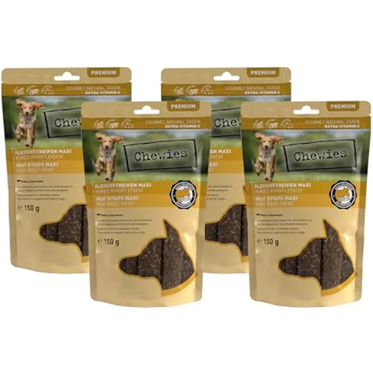 Chewies Fleischstreifen Maxi, Hundeleckerli aus 100% Rindfleisch, 4 x 150 g, luftgetrocknete Rinder Kaustreifen, zuckerfrei & getreidefrei, für empfindliche Hunde, Made in Germany