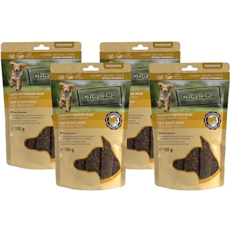 Chewies Fleischstreifen Maxi, Hundeleckerli aus 100% Rindfleisch, 4 x 150 g, luftgetrocknete Rinder Kaustreifen, zuckerfrei & getreidefrei, für empfindliche Hunde, Made in Germany – Bild 1