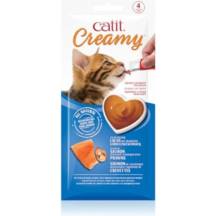 Catit Creamy Leckerei für Katzen, 4er Pack Lachs/Garnele, getreidefrei mit hohem Fleischanteil und Taurin – Bild 1
